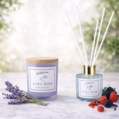 Set Cadou AURA NOIR – Lumânare Parfumată Naturală și Odorizant cu Bețișoare Premium, Intensitate Medie