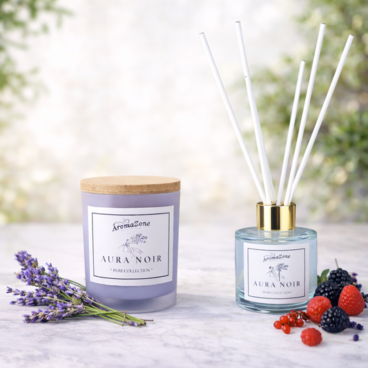 Set Cadou AURA NOIR – Lumânare Parfumată Naturală și Odorizant cu Bețișoare Premium, Intensitate Medie