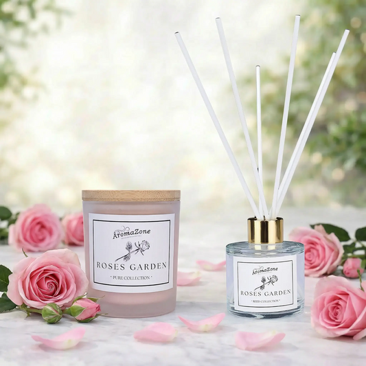 Set Cadou ROSES GARDEN – Lumânare Parfumată Naturală și Odorizant cu Bețișoare Premium, Intensitate Medie