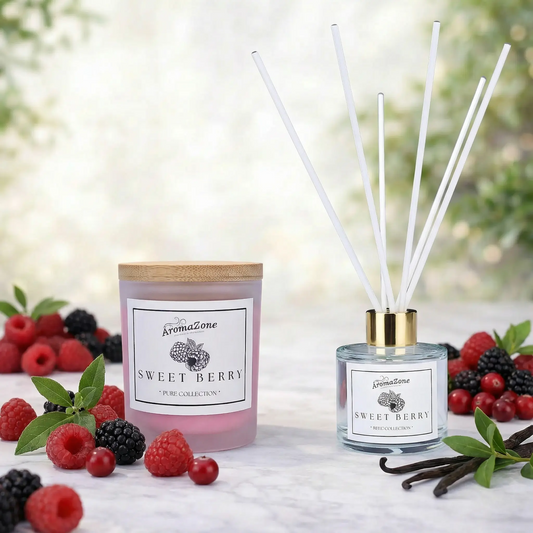 Set Cadou SWEET BERRY – Lumânare Parfumată Naturală și Odorizant cu Bețișoare Premium, Intensitate Medie