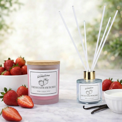 Set Cadou FRESH STRAWBERRY – Lumânare Parfumată Naturală și Odorizant cu Bețișoare Premium, Intensitate Medie