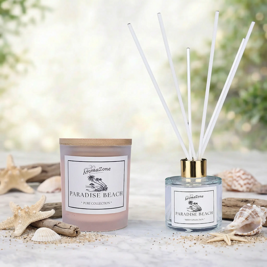 Set Cadou PARADISE BEACH – Lumânare Parfumată Naturală și Odorizant cu Bețișoare Premium, Intensitate Subtilă