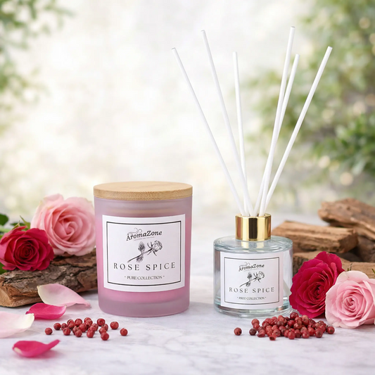 Set Cadou ROSE SPICE – Lumânare Parfumată Naturală și Odorizant cu Bețișoare Premium, Intensitate Puternică