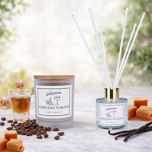 Set Cadou ESPRESSO MARTINI – Lumânare Parfumată Naturală și Odorizant cu Bețișoare Premium, Intensitate Puternică