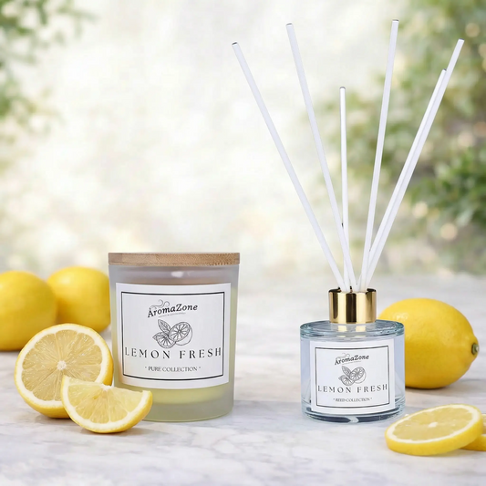Set Cadou LEMON FRESH – Lumânare Parfumată Naturală și Odorizant cu Bețișoare Premium, Intensitate Puternică