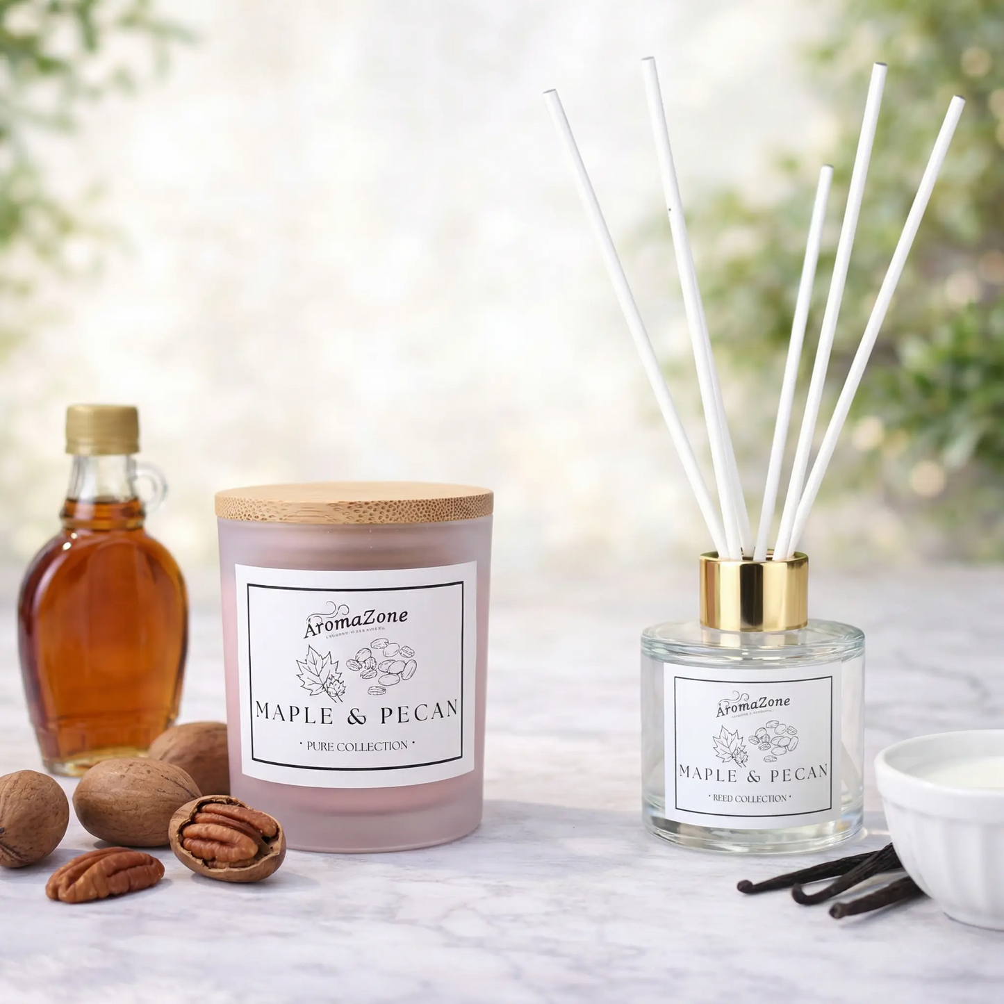 Set Cadou MAPLE&PECAN – Lumânare Parfumată Naturală și Odorizant cu Bețișoare Premium, Intensitate Puternică