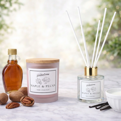 Set Cadou MAPLE&PECAN – Lumânare Parfumată Naturală și Odorizant cu Bețișoare Premium, Intensitate Puternică