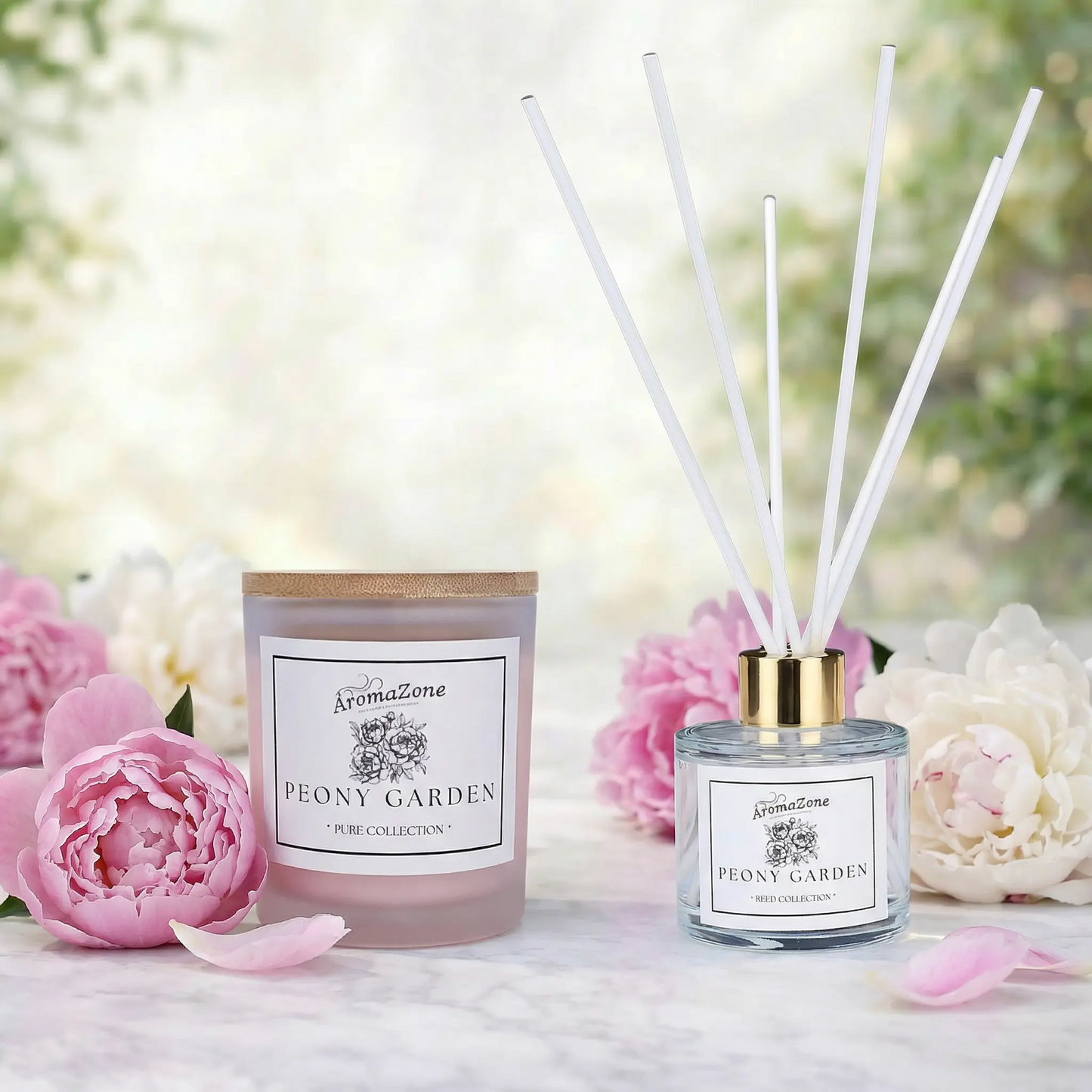 Set Cadou PEONY GARDEN – Lumânare Parfumată Naturală și Odorizant cu Bețișoare Premium, Intensitate Medie