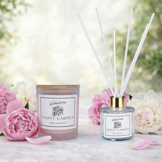 Set Cadou PEONY GARDEN – Lumânare Parfumată Naturală și Odorizant cu Bețișoare Premium, Intensitate Medie