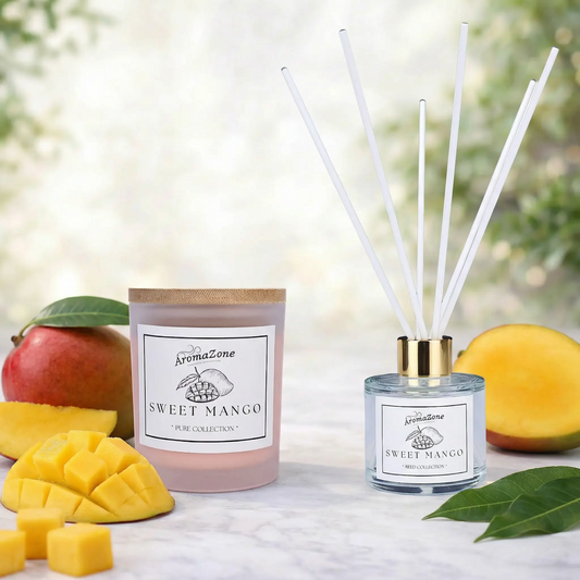 Set Cadou SWEET MANGO – Lumânare Parfumată Naturală și Odorizant cu Bețișoare Premium, Intensitate Puternică