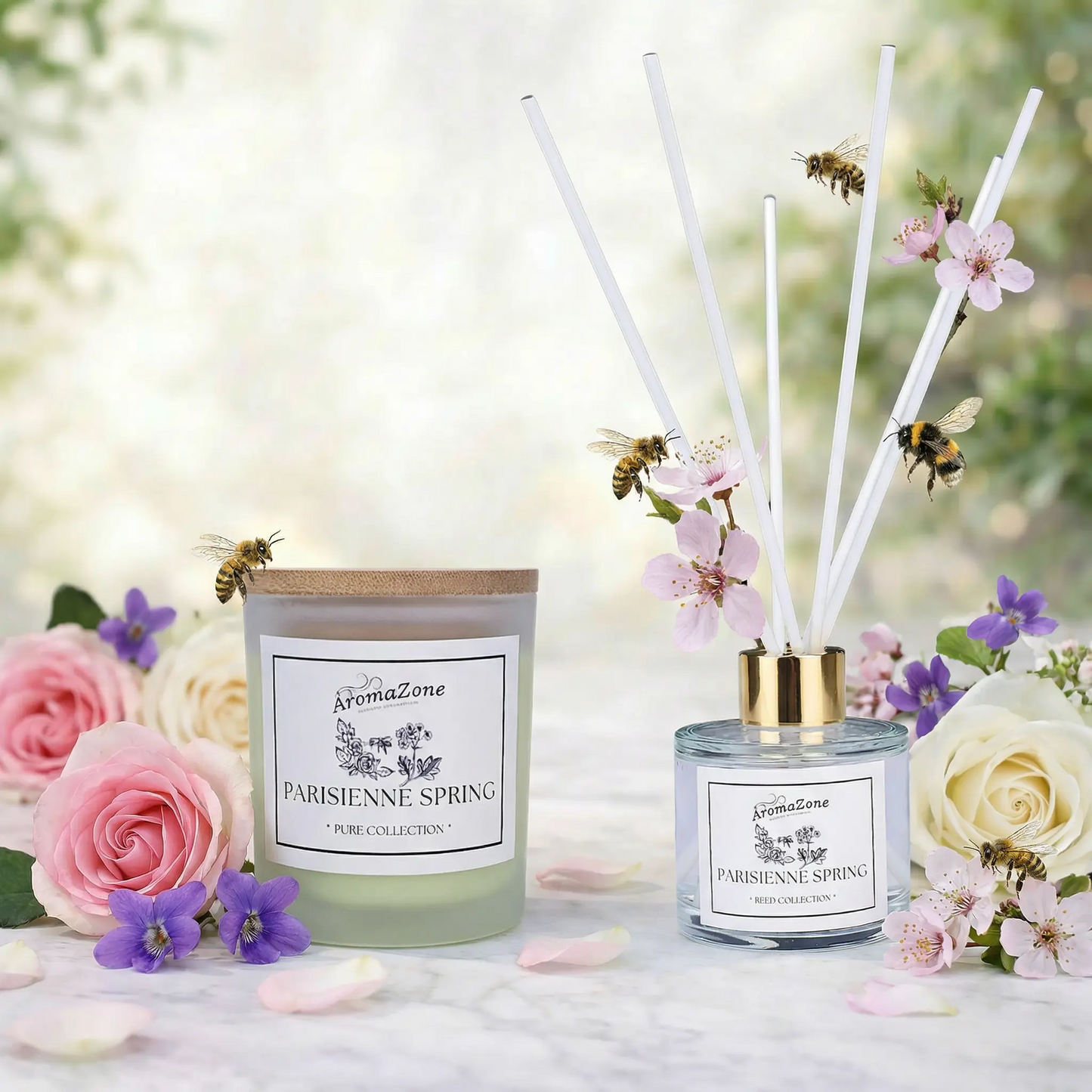 Set Cadou PARISIENNE SPRING – Lumânare Parfumată Naturală și Odorizant cu Bețișoare Premium, Intensitate Puternică