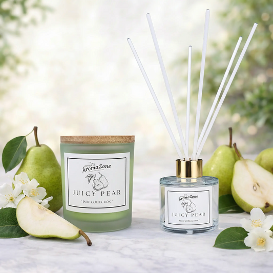 Set Cadou JUICY PEAR – Lumânare Parfumată Naturală și Odorizant cu Bețișoare Premium, Intensitate Subtilă