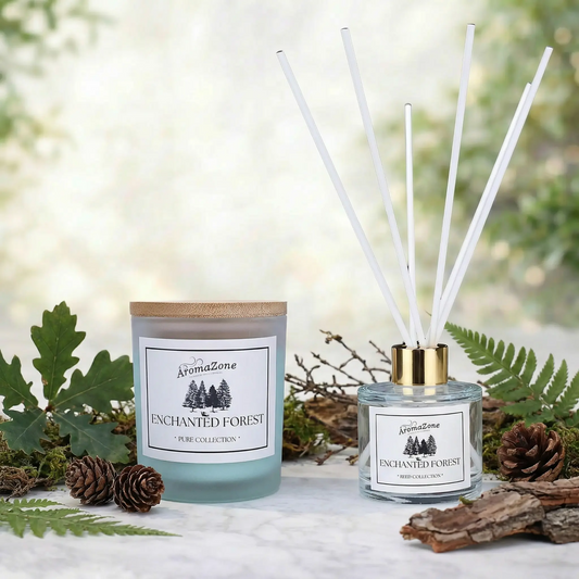 Set Cadou ENCHANTED FOREST – Lumânare Parfumată Naturală și Odorizant cu Bețișoare Premium, Intensitate Puternică