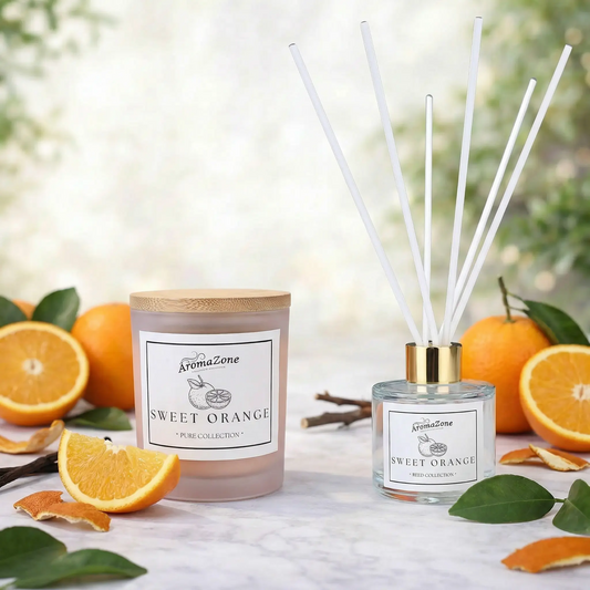 Set Cadou SWEET ORANGE – Lumânare Parfumată Naturală și Odorizant cu Bețișoare Premium, Intensitate Medie