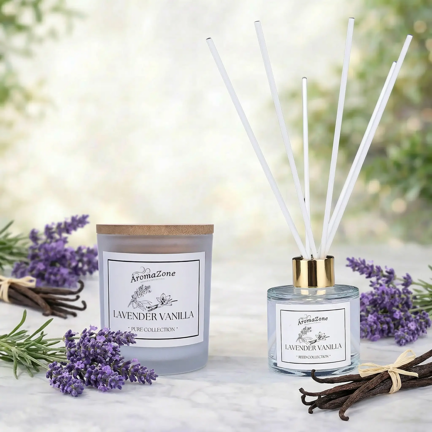 Set Cadou LAVENDER VANILLA – Lumânare Parfumată Naturală și Odorizant cu Bețișoare Premium, Intensitate Medie