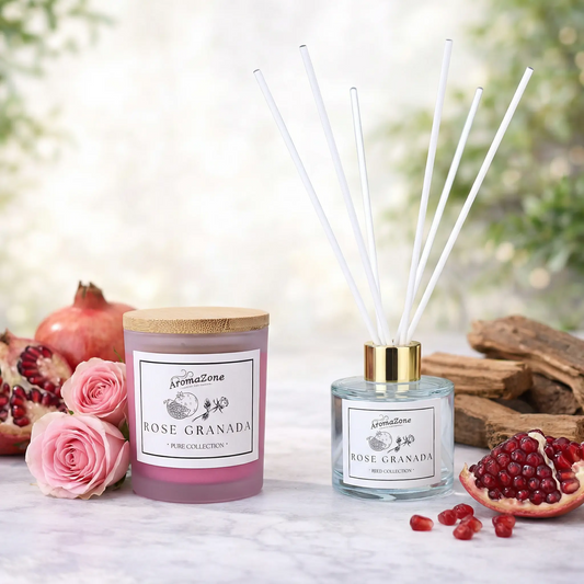 Set Cadou ROSE GRANADA – Lumânare Parfumată Naturală și Odorizant cu Bețișoare Premium, Intensitate Medie