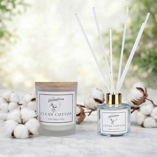 Set Cadou CLEAN COTTON – Lumânare Parfumată Naturală și Odorizant cu Bețișoare Premium, Intensitate Subtilă